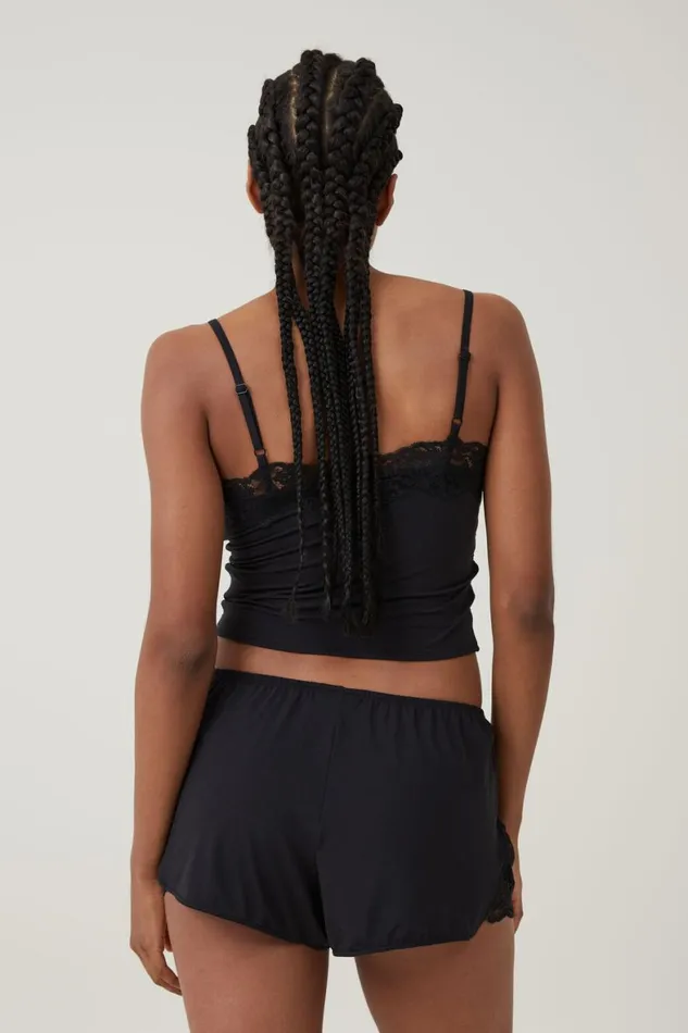Women Pajamas Cotton On Soft Lounge Lace Trim Short Black