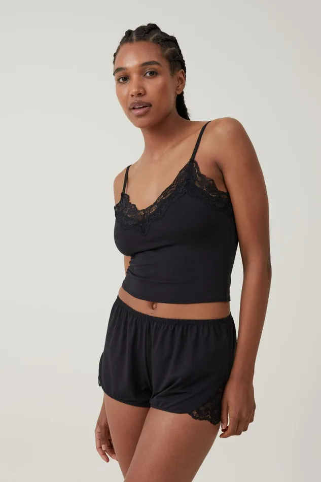 Women Pajamas Cotton On Soft Lounge Lace Trim Short Black