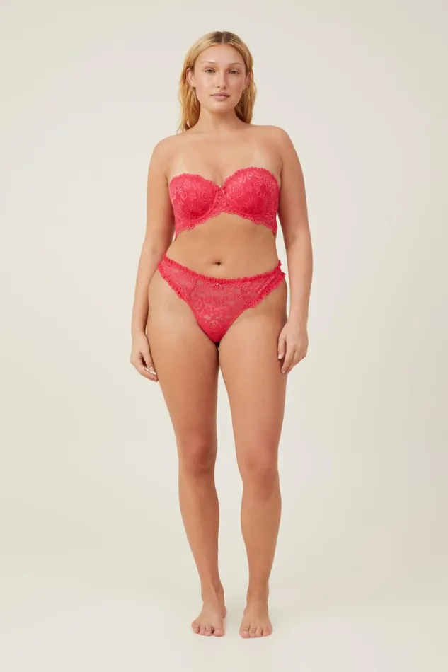 Women Panties Cotton On Butterfly Lace Thong Brief Rose Red