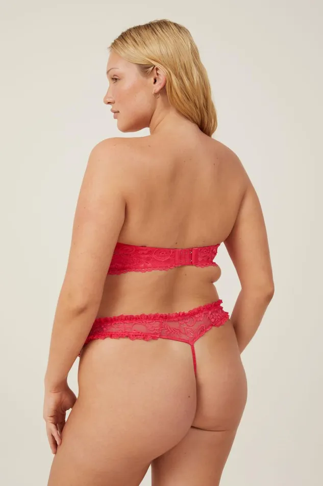 Women Panties Cotton On Butterfly Lace Thong Brief Rose Red