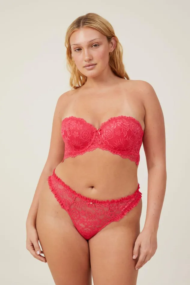 Women Panties Cotton On Butterfly Lace Thong Brief Rose Red