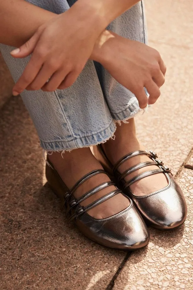 Women Shoes and Slippers Cotton On Amy Round Strappy Ballet Pewter Metallic