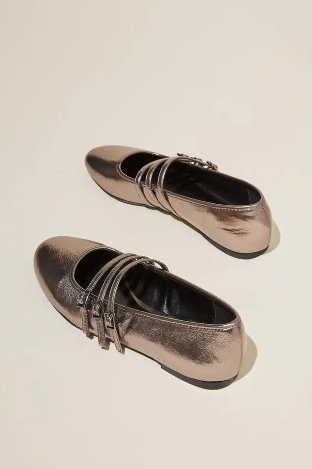 Women Shoes and Slippers Cotton On Amy Round Strappy Ballet Pewter Metallic