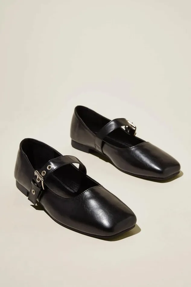Women Shoes and Slippers Cotton On Gia Square Mary Jane Ballet Black Vegan Leather