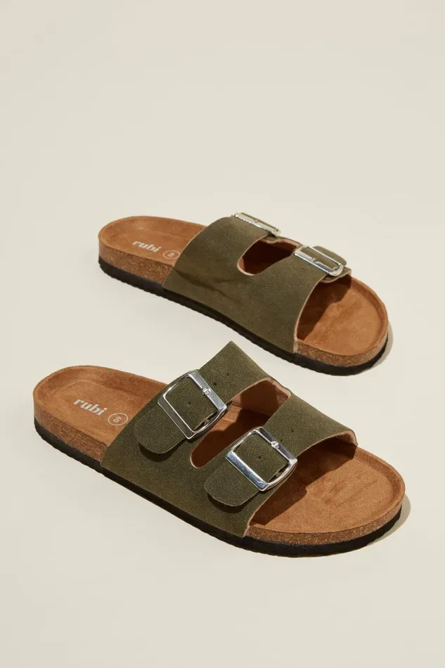 Women Shoes and Slippers Cotton On Rex Double Buckle Slide Dark Moss Micro