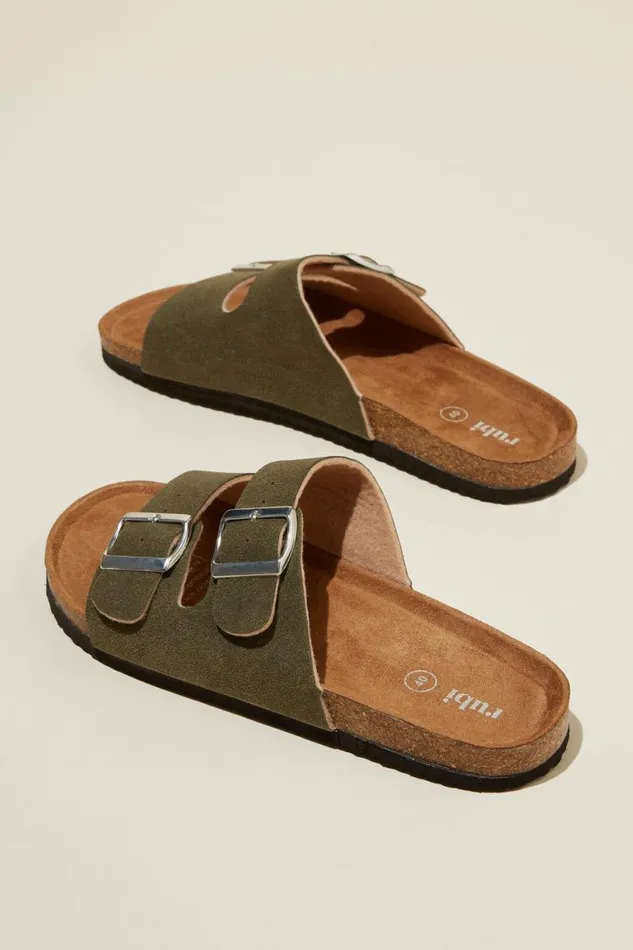 Women Shoes and Slippers Cotton On Rex Double Buckle Slide Dark Moss Micro