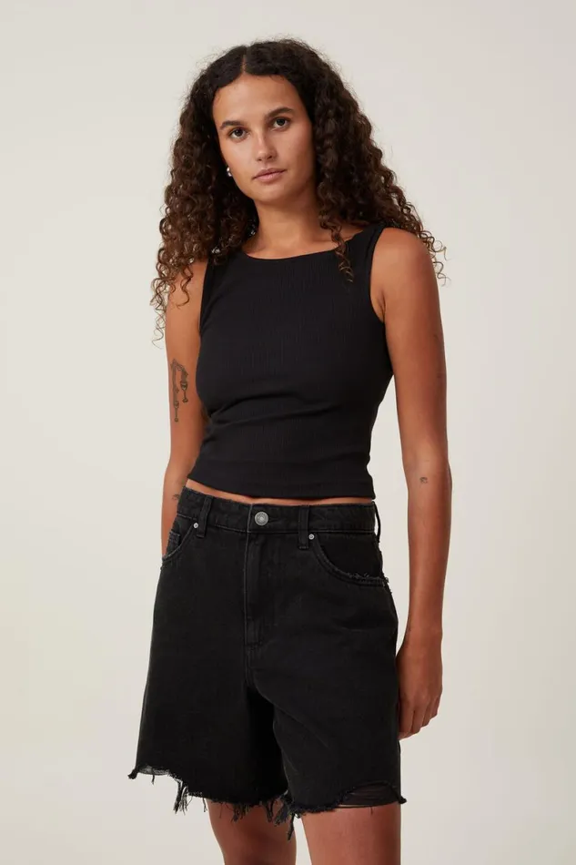 Women Skirts and Shorts Cotton On Relaxed Denim Short Graphite Black Rip