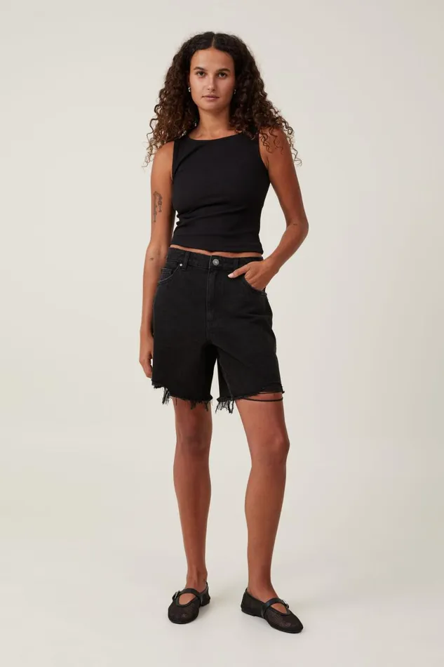 Women Skirts and Shorts Cotton On Relaxed Denim Short Graphite Black Rip