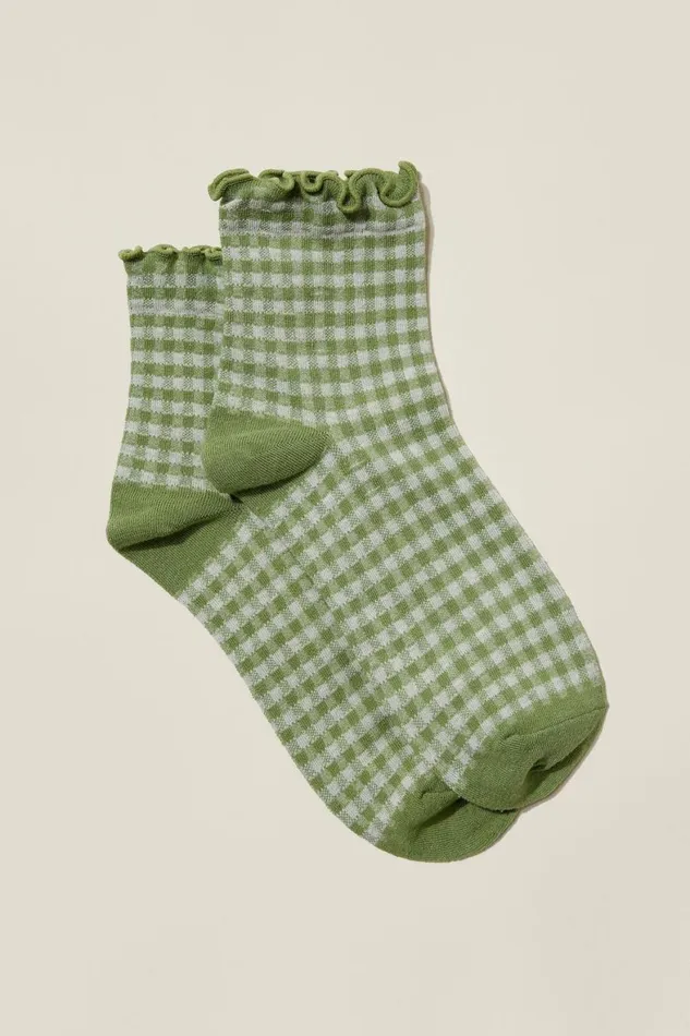Women Socks Cotton On Check Frill Quarter Crew Sock Sage