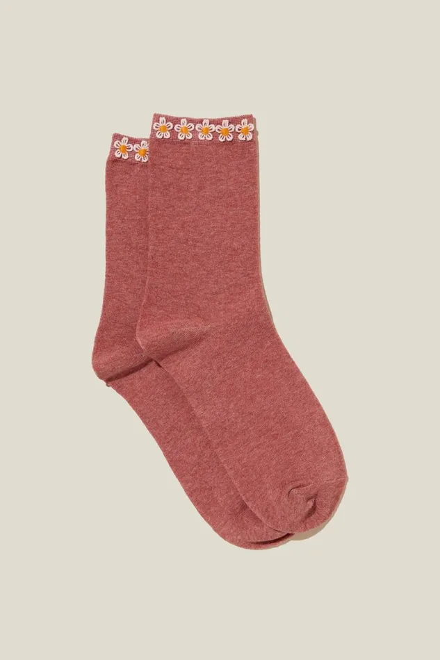 Women Socks Cotton On Floral Welt Crew Sock Ecru Floralsport