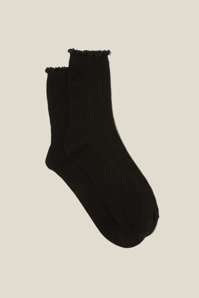 Women Socks Cotton On Frill Ribbed Crew Sock Solid Black