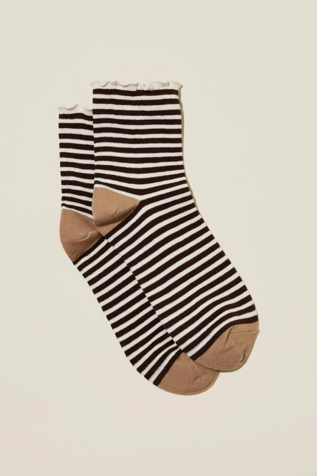 Women Socks Cotton On Stripe Quarter Crew Sock Chocecru Stripe