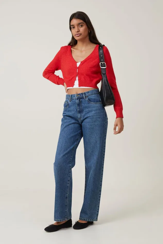 Women Sweaters and Cardigans Cotton On Everfine Crop V Neck Button Cardigan Crimson Marle