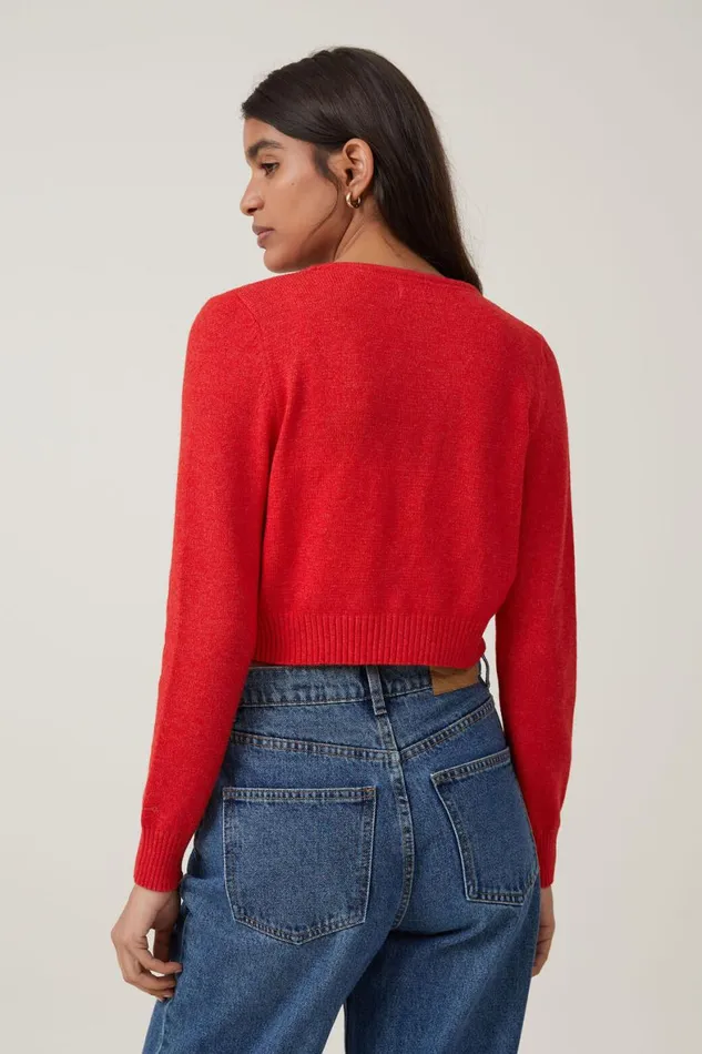 Women Sweaters and Cardigans Cotton On Everfine Crop V Neck Button Cardigan Crimson Marle