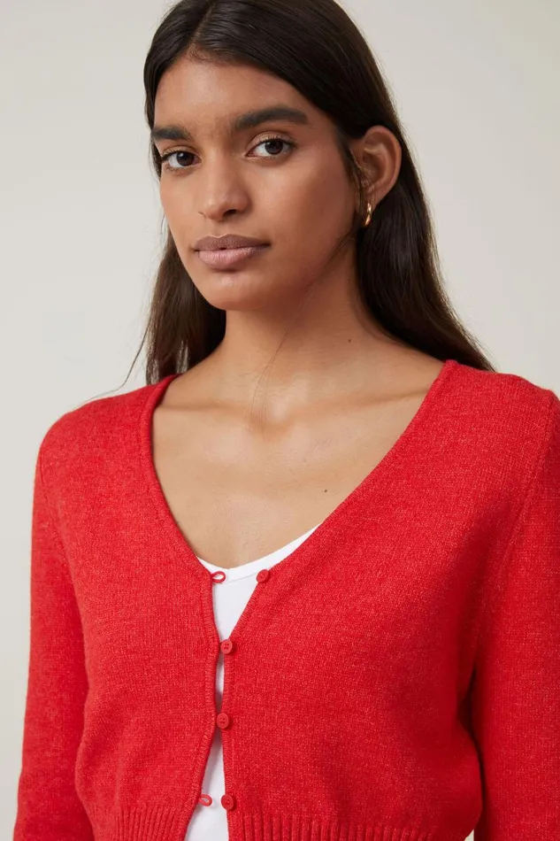 Women Sweaters and Cardigans Cotton On Everfine Crop V Neck Button Cardigan Crimson Marle