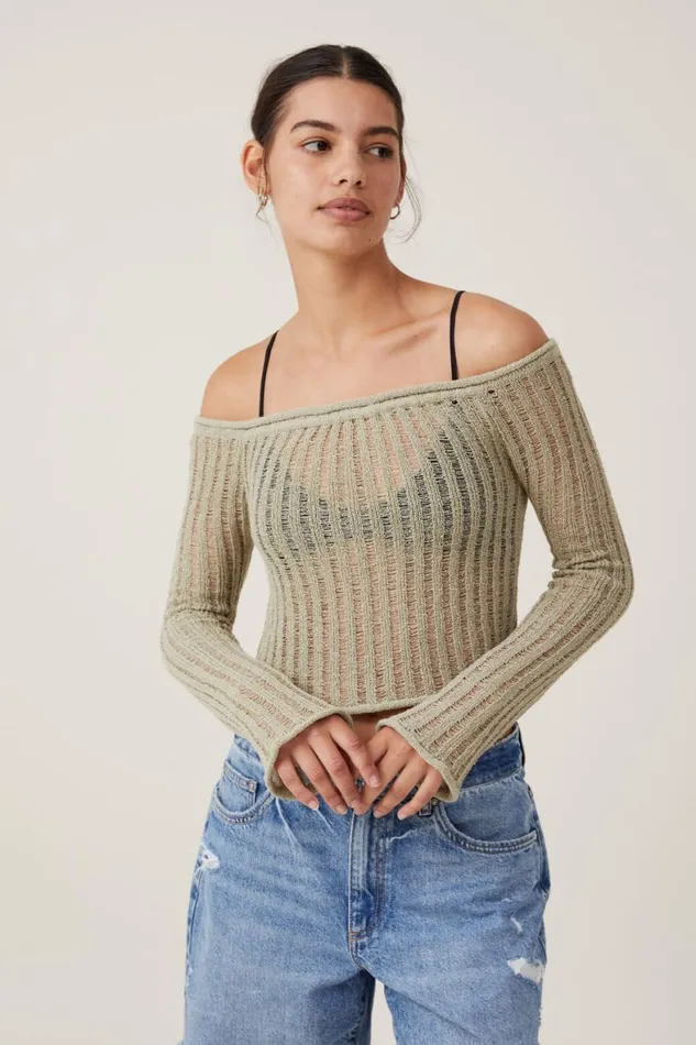 Women Sweaters and Cardigans Cotton On Ladder Knit Off Shoulder Pullover Desert Sage