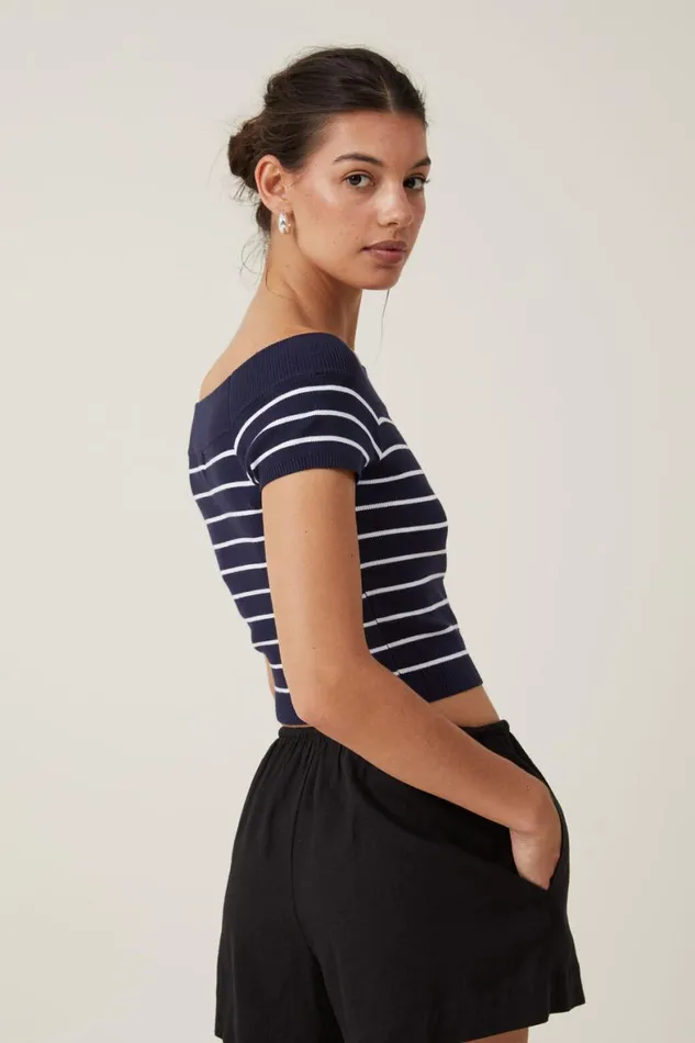Women Sweaters and Cardigans Cotton On Rib Off Shoulder Knit Deep Indigo White Stripe