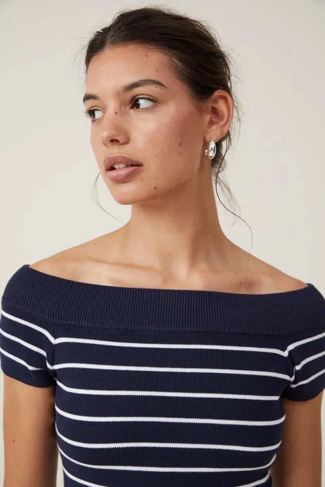 Women Sweaters and Cardigans Cotton On Rib Off Shoulder Knit Deep Indigo White Stripe