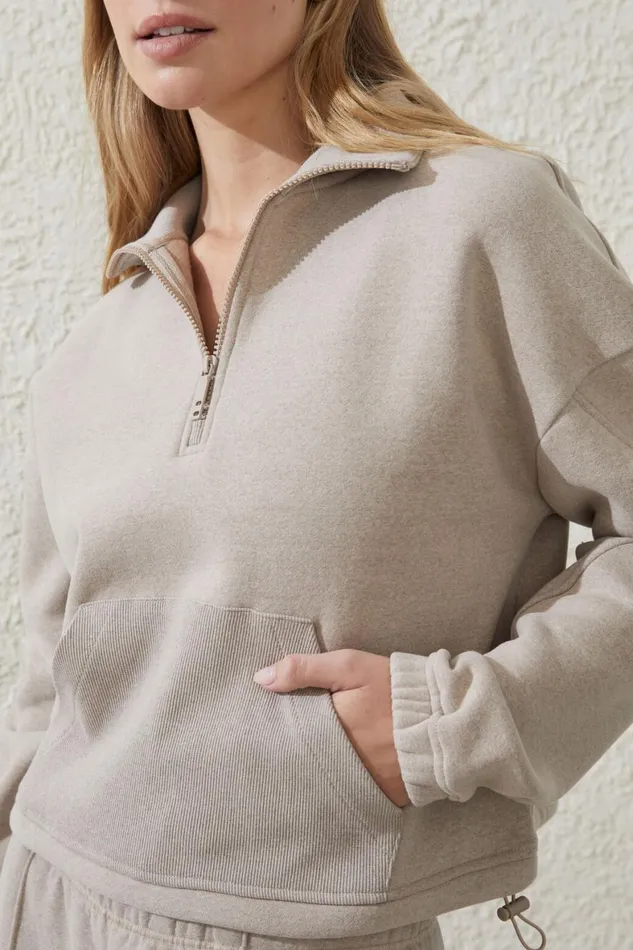 Women Sweats and Hoodies Cotton On Plush Rib Cropped Half Zip Jumper White Pepper Marle