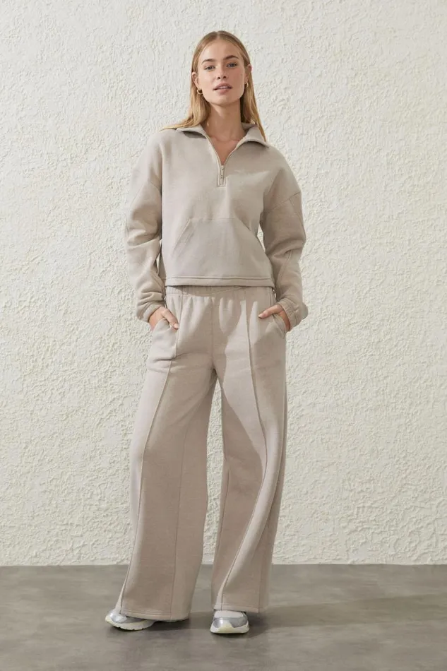 Women Sweats and Hoodies Cotton On Plush Rib Cropped Half Zip Jumper White Pepper Marle