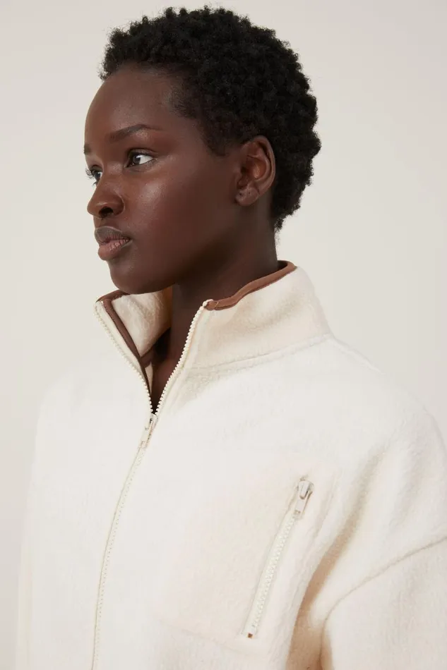 Women Sweats and Hoodies Cotton On Teddy Fleece Cropped Zip Through Natural