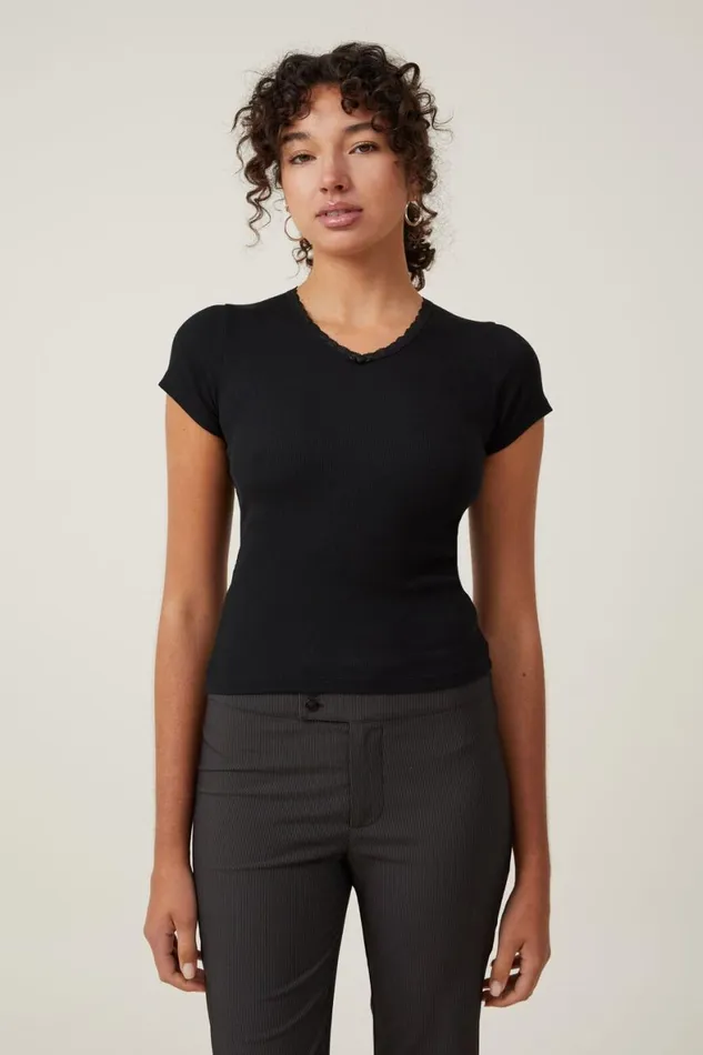 Women Tops Cotton On Annabelle Rosette V Neck Tee Black