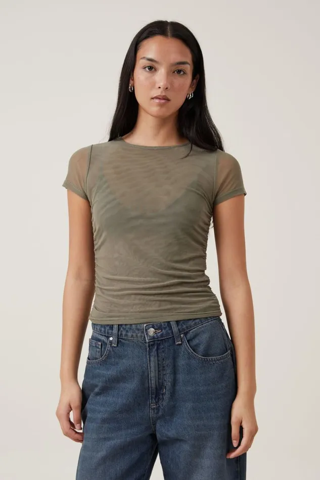 Women Tops Cotton On Becca Gathered Short Sleeve Tee Woodland