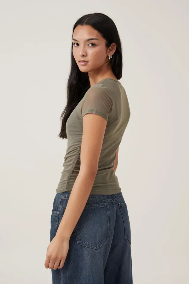 Women Tops Cotton On Becca Gathered Short Sleeve Tee Woodland