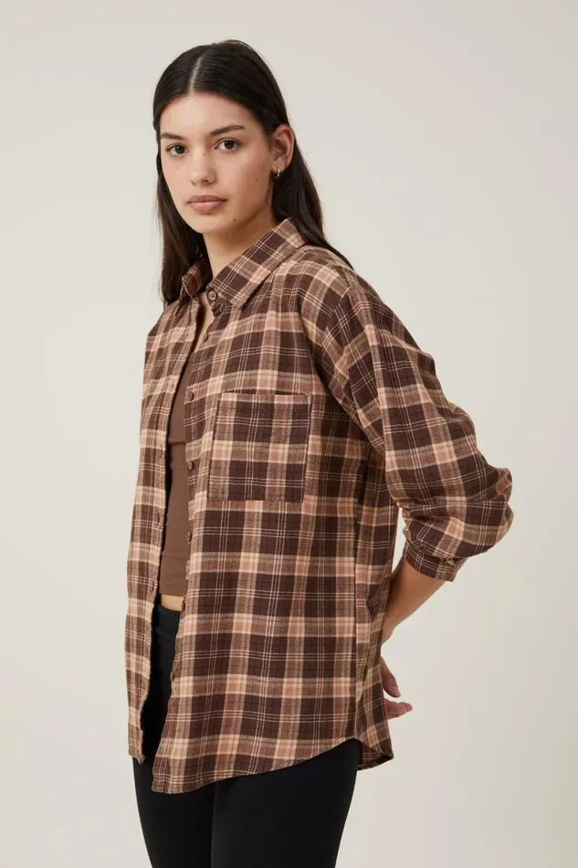 Women Tops Cotton On Boyfriend Flannel Shirt Poppy Check Dark Oak