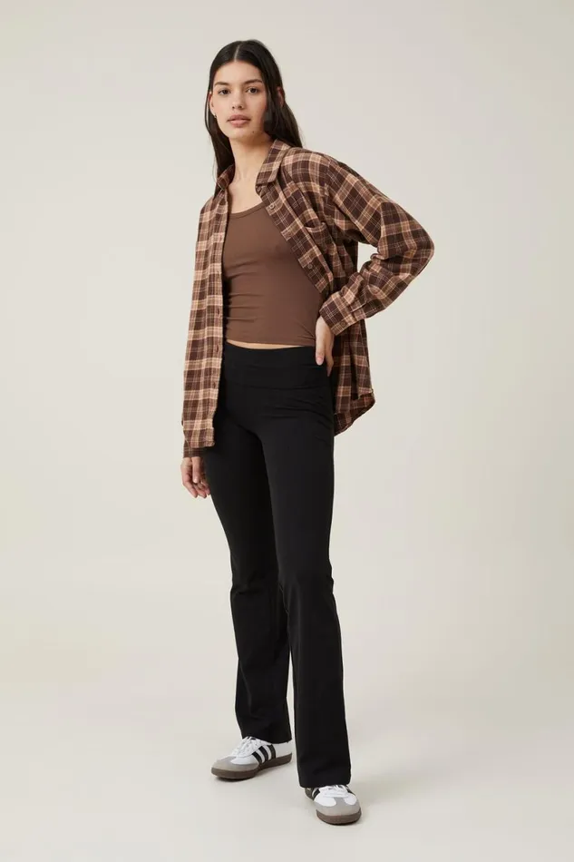 Women Tops Cotton On Boyfriend Flannel Shirt Poppy Check Dark Oak