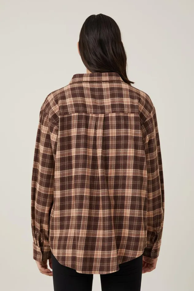 Women Tops Cotton On Boyfriend Flannel Shirt Poppy Check Dark Oak