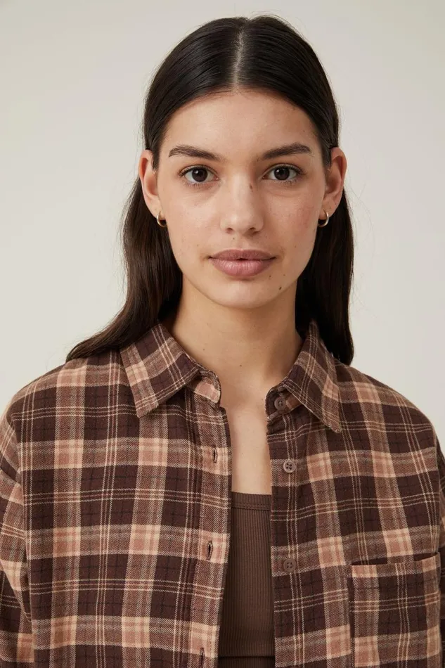 Women Tops Cotton On Boyfriend Flannel Shirt Poppy Check Dark Oak