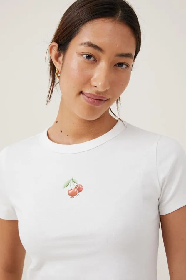 Women Tops Cotton On Crop Fit Rib Graphic Tee Cherry On Topvintage White