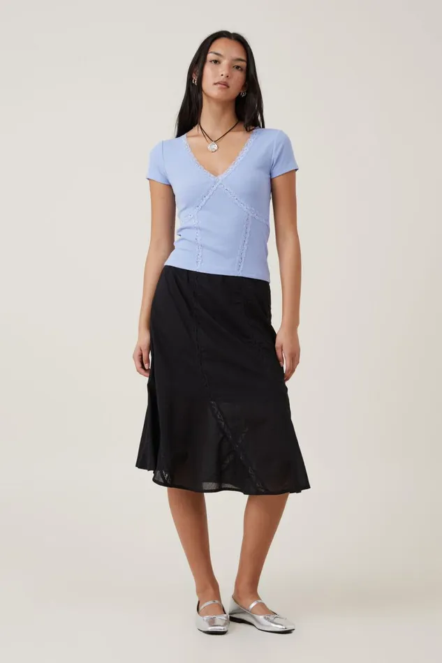 Women Tops Cotton On Daisy Lace Trim Tee Frosted Blue