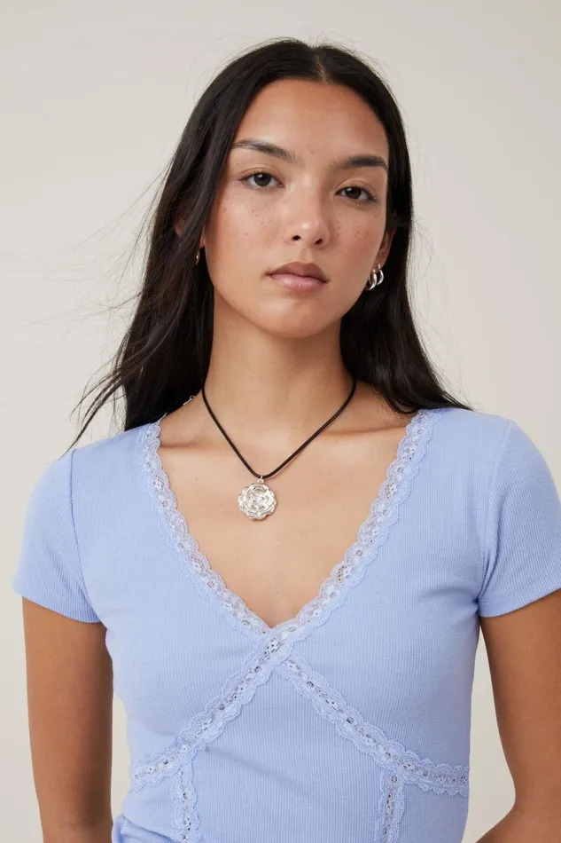 Women Tops Cotton On Daisy Lace Trim Tee Frosted Blue