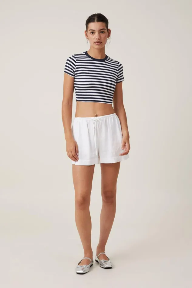 Women Tops Cotton On Micro Crop Tee Cara Stripe Whiteink Navy