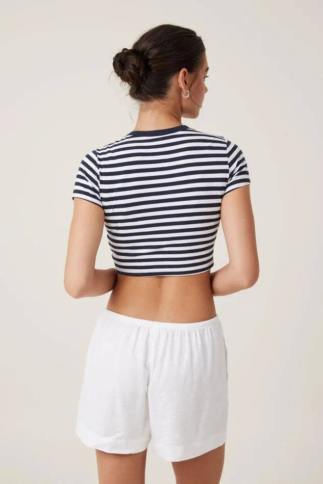 Women Tops Cotton On Micro Crop Tee Cara Stripe Whiteink Navy
