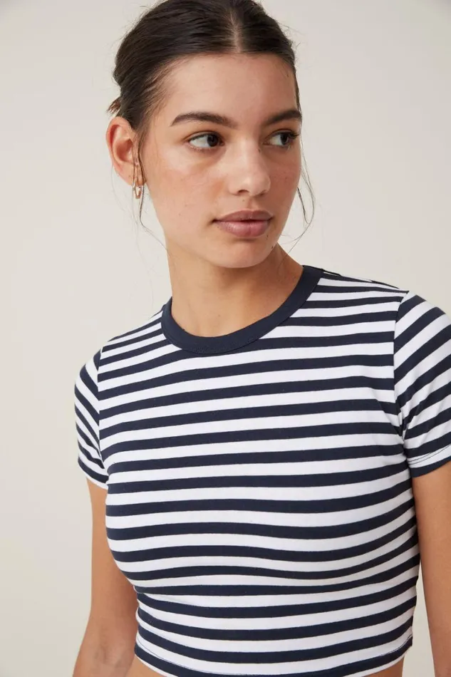 Women Tops Cotton On Micro Crop Tee Cara Stripe Whiteink Navy