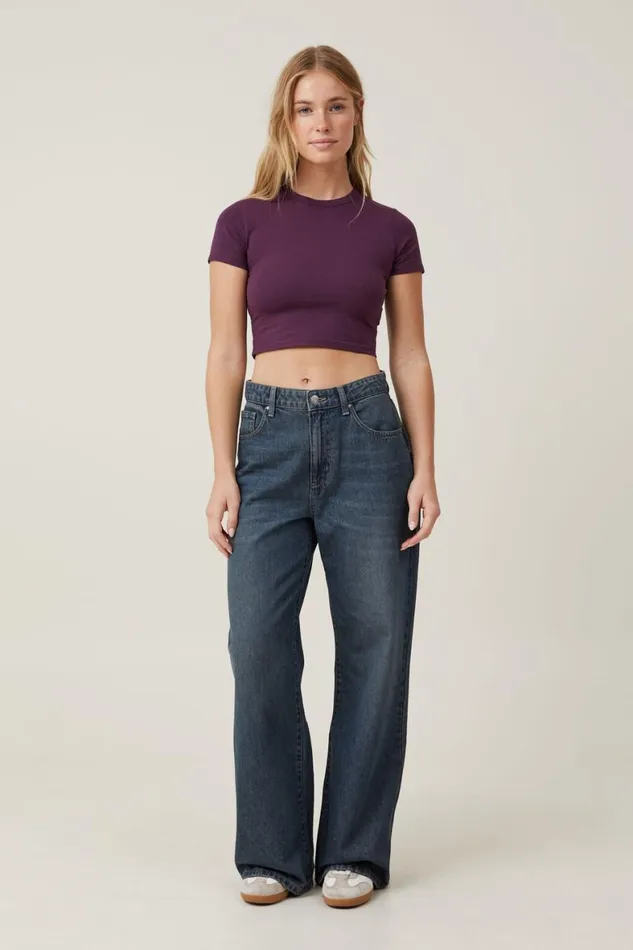 Women Tops Cotton On Micro Crop Tee Deep Plum
