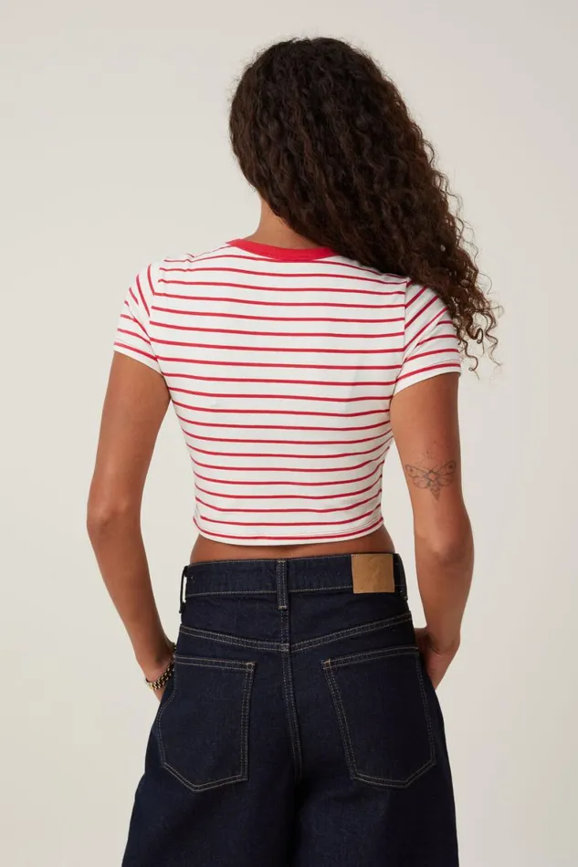Women Tops Cotton On Micro Crop Tee Kyle Stripe Porcelainfiery Red