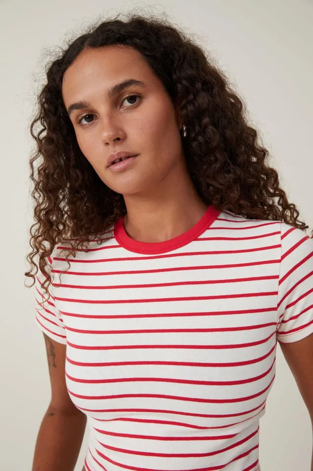 Women Tops Cotton On Micro Crop Tee Kyle Stripe Porcelainfiery Red