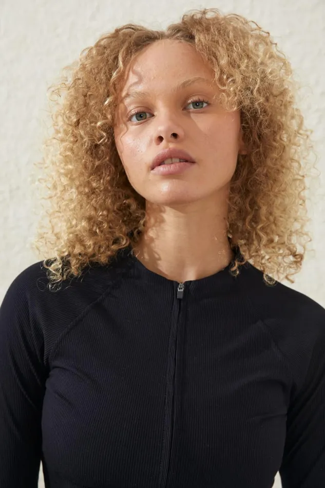 Women Tops Cotton On Rib Cropped Zip Through Long Sleeve Black