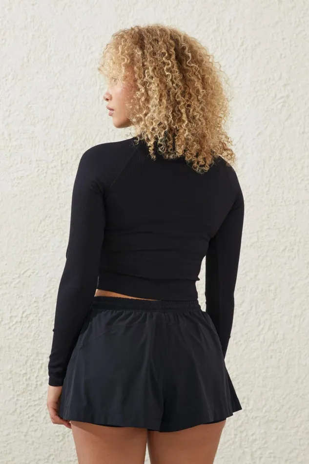 Women Tops Cotton On Rib Cropped Zip Through Long Sleeve Black
