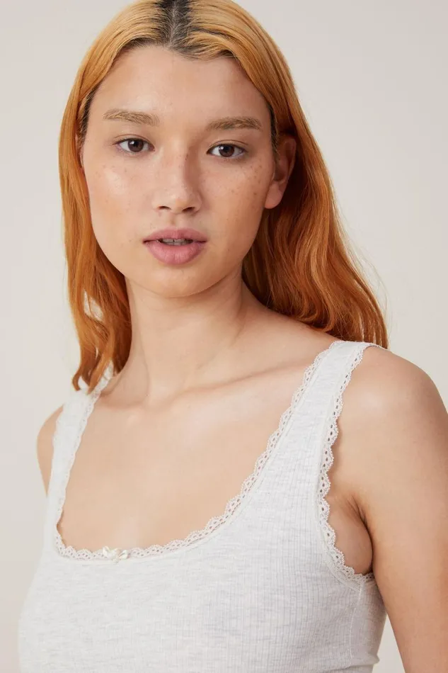 Women Tops Cotton On Rib Lace Tank Light Grey Marle