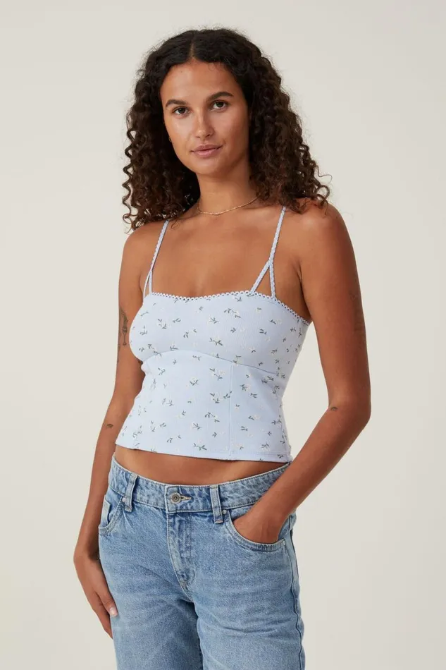Women Tops Cotton On Sally Picot Trim Cami Laika Ditsy Coastal Blue