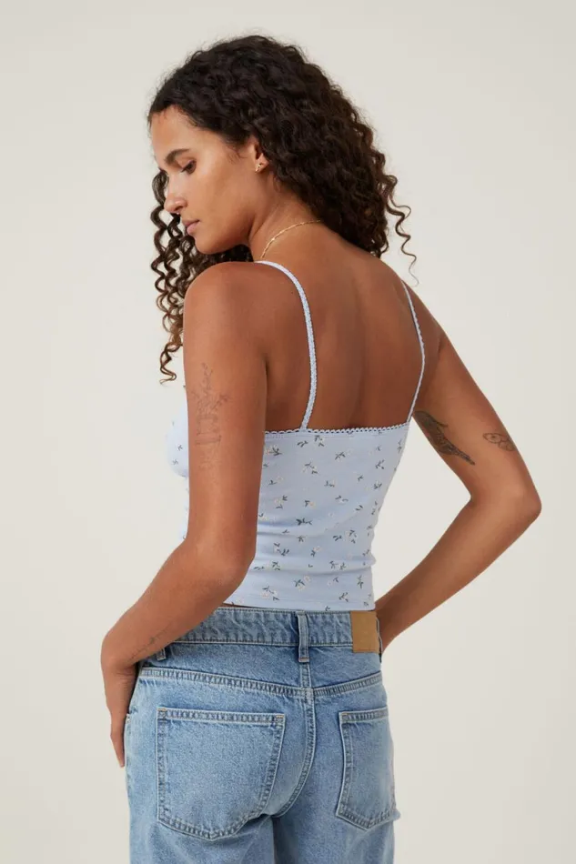 Women Tops Cotton On Sally Picot Trim Cami Laika Ditsy Coastal Blue