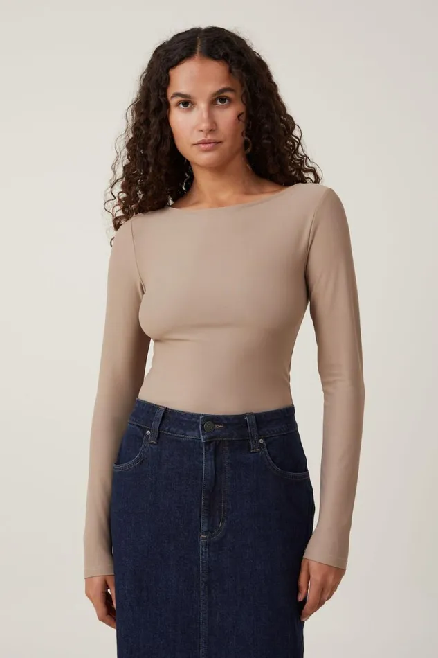 Women Tops Cotton On Smooth Boat Neck Long Sleeve Top Mocha