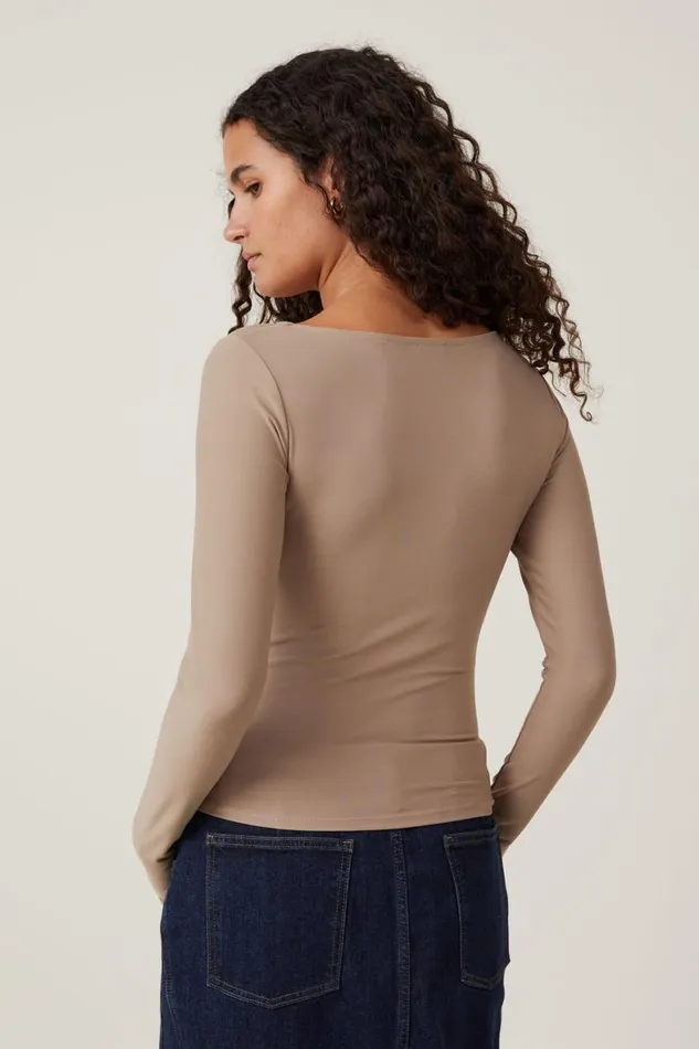 Women Tops Cotton On Smooth Boat Neck Long Sleeve Top Mocha