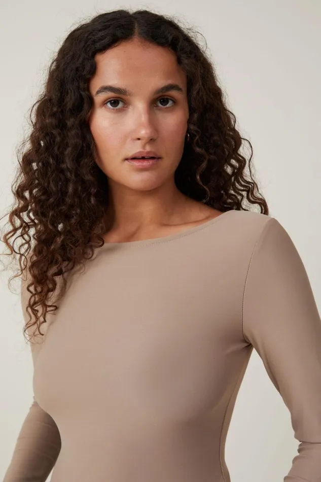 Women Tops Cotton On Smooth Boat Neck Long Sleeve Top Mocha