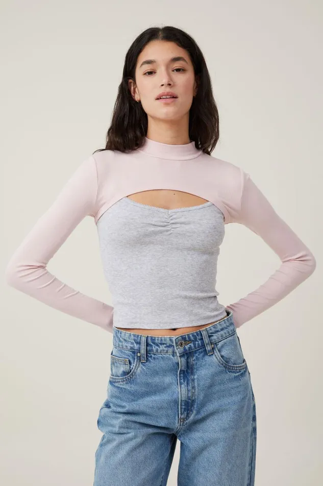 Women Tops Cotton On Staple Mock Neck Shrug Chalk Pink